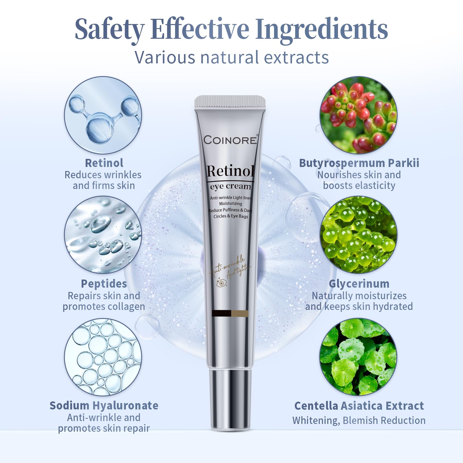 Coinore retinol under-eye cream with rosemary extract highlighted on label for firming