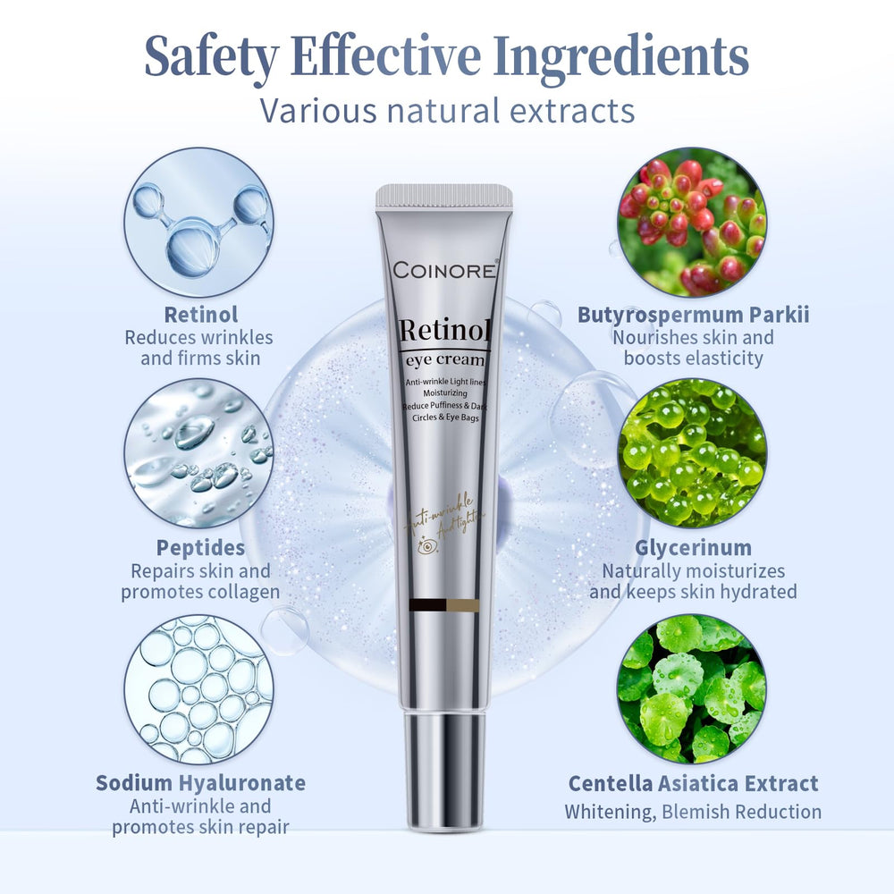 Coinore retinol under-eye cream with rosemary extract highlighted on label for firming