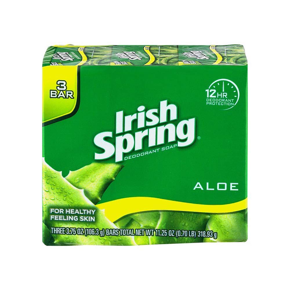 Colgate Irish Spring Aloe 6-pack bath soap provides refreshing scent and moisturized skin.