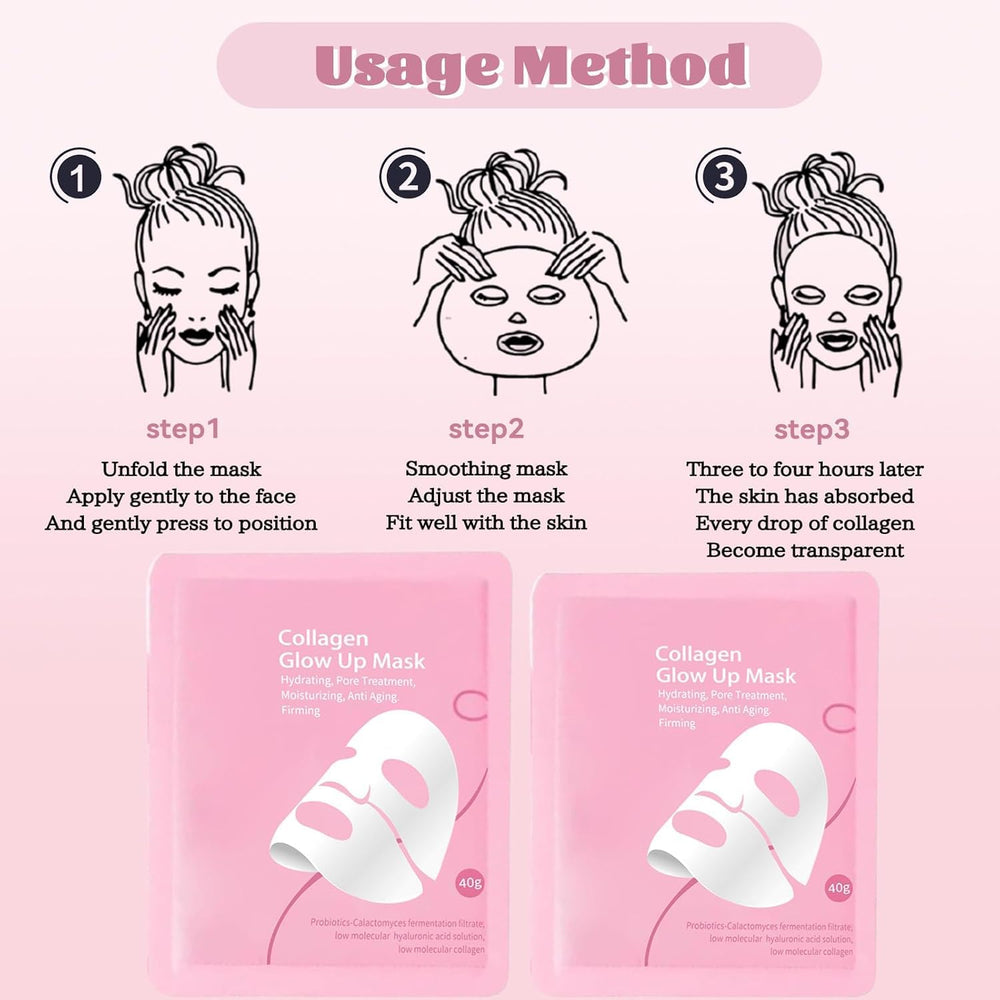 Collagen Glow Up Mask 2.0 box with four masks for multi-night routine.