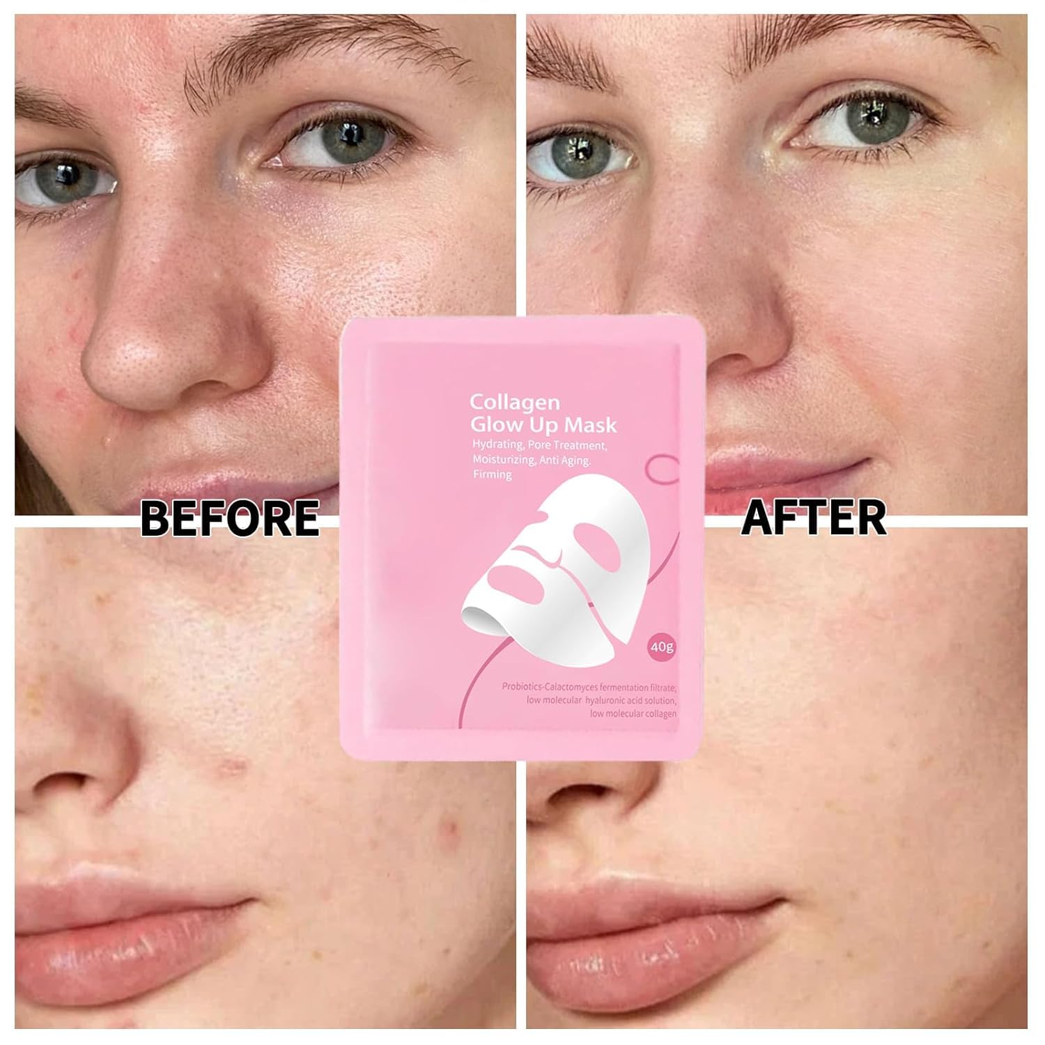 Collagen Glow Up Mask 2.0 demonstrating wrinkle reduction and firmer complexion.
