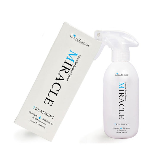 CollaZen Care Miracle Treatment with silk sericin showcases detangling and shine for all hair types.