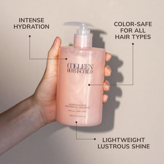 COLLEEN ROTHSCHILD Quench & Shine shampoo packaging shown on shelf for luxurious hydration.