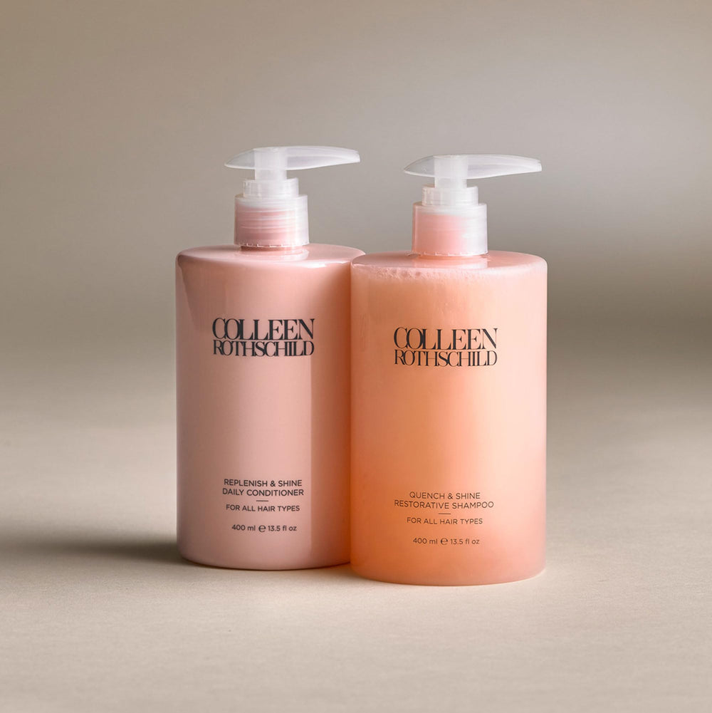 COLLEEN ROTHSCHILD Quench & Shine shampoo pump bottle emphasizing easy application and controlled use.
