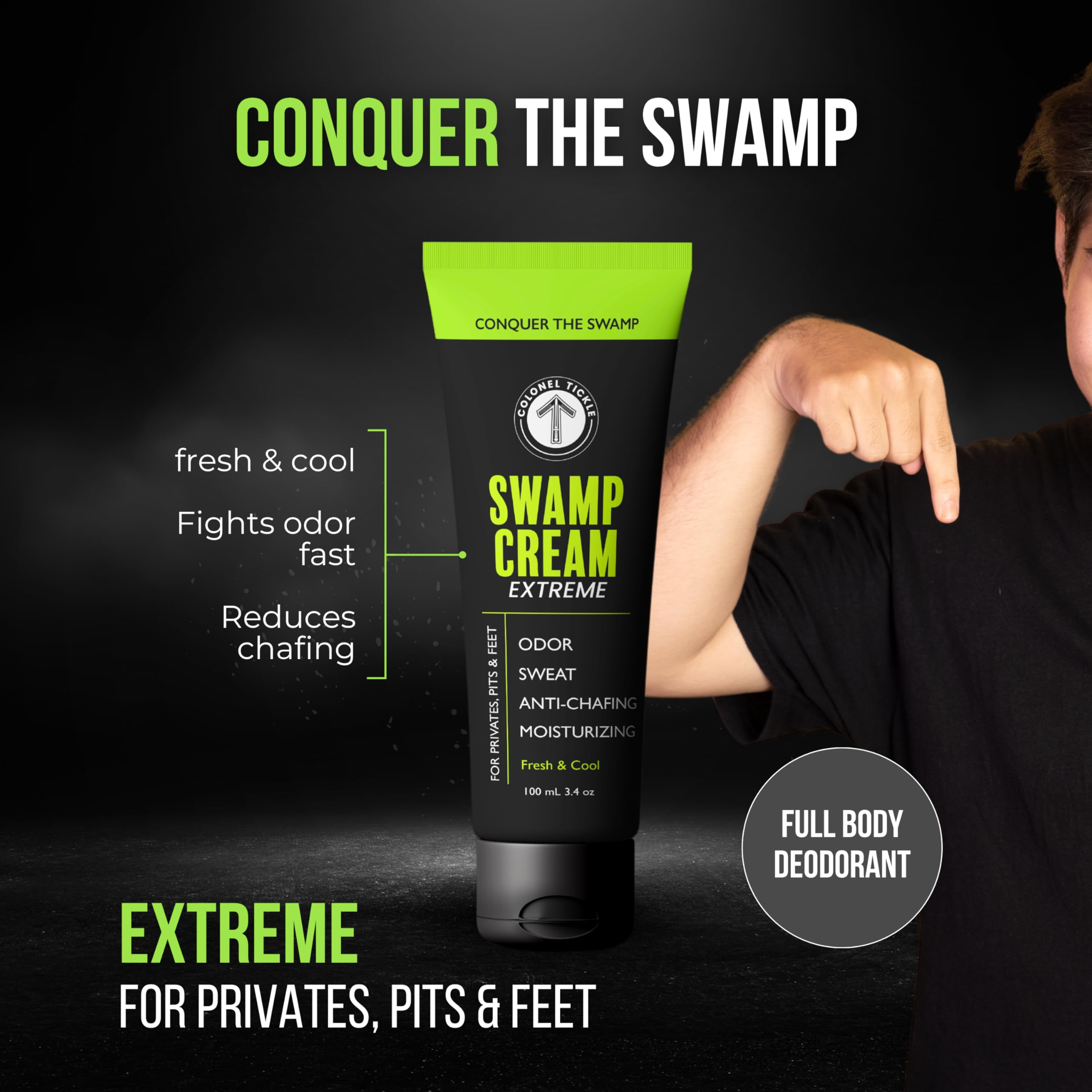 Colonel Tickle deodorant cream in groin area for anti-chafe comfort and freshness.