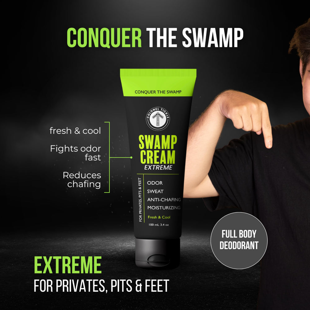 Colonel Tickle deodorant cream in groin area for anti-chafe comfort and freshness.