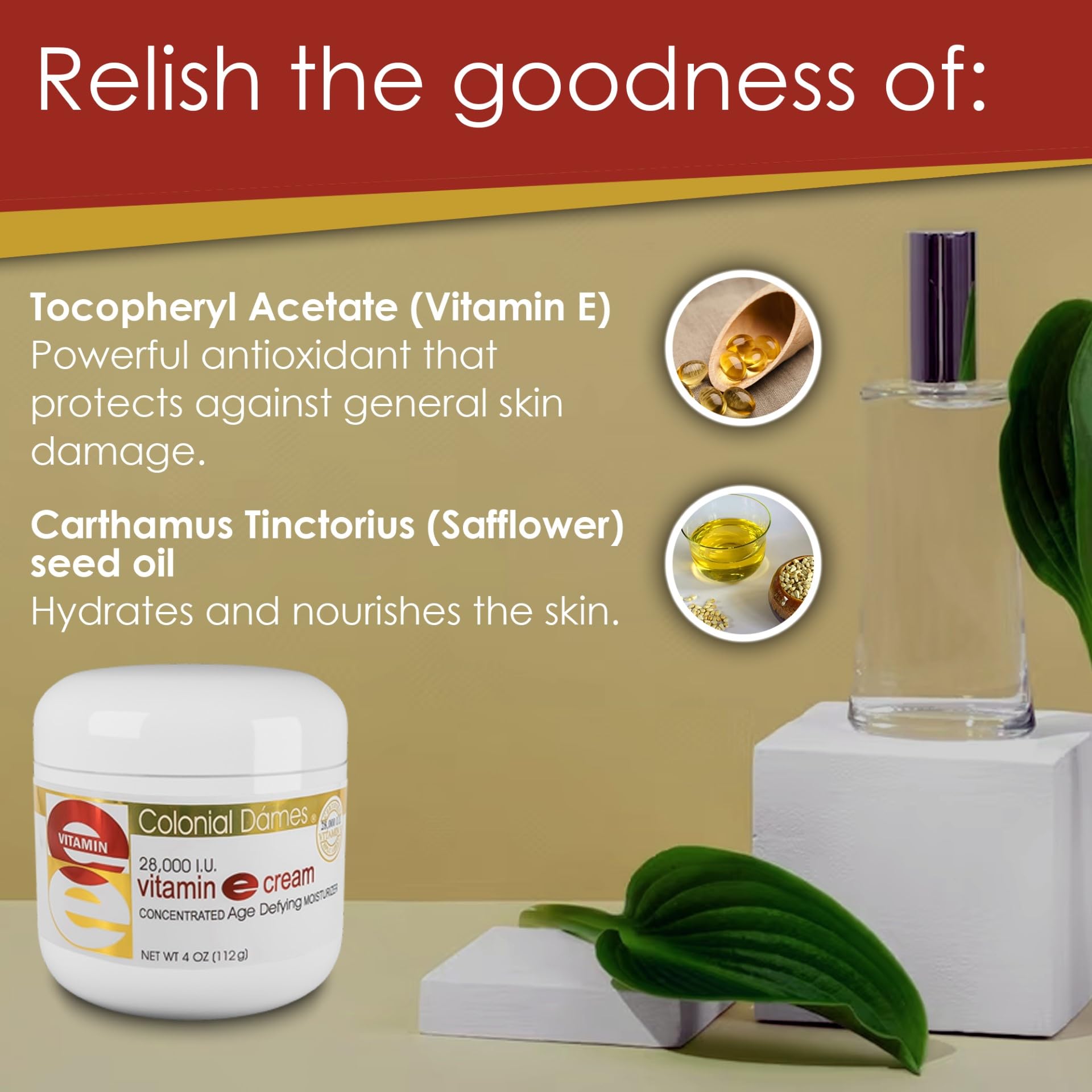 Colonial Dames Vitamin E Cream jar with 28,000 IU label highlighting potency.