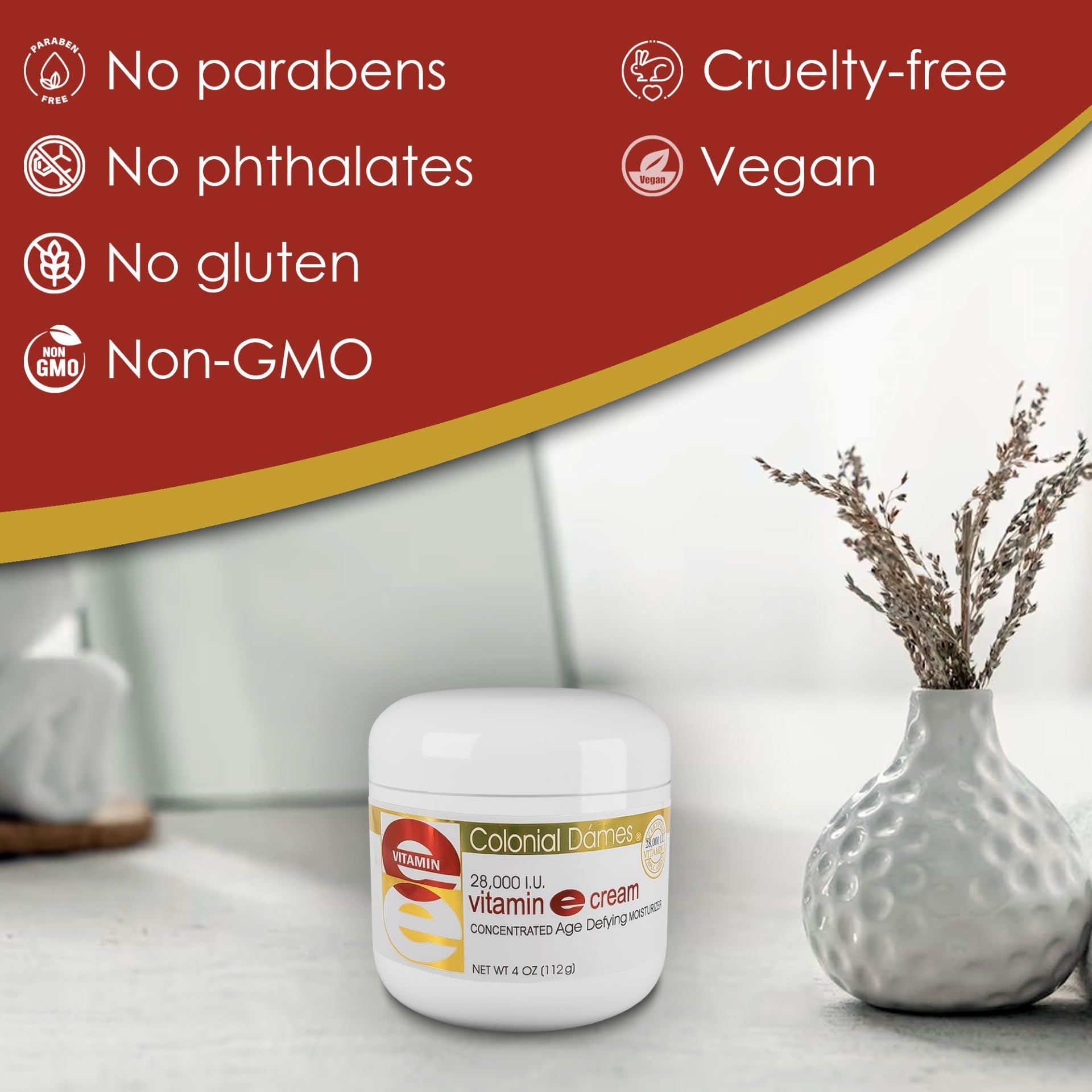 Colonial Dames Vitamin E Cream packaging reflects heritage and care.