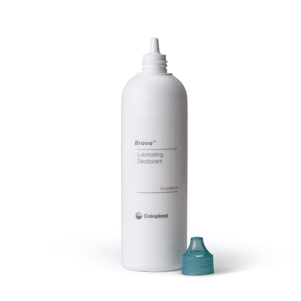 Coloplast Brava ostomy deodorant close-up emphasizes easy emptying.