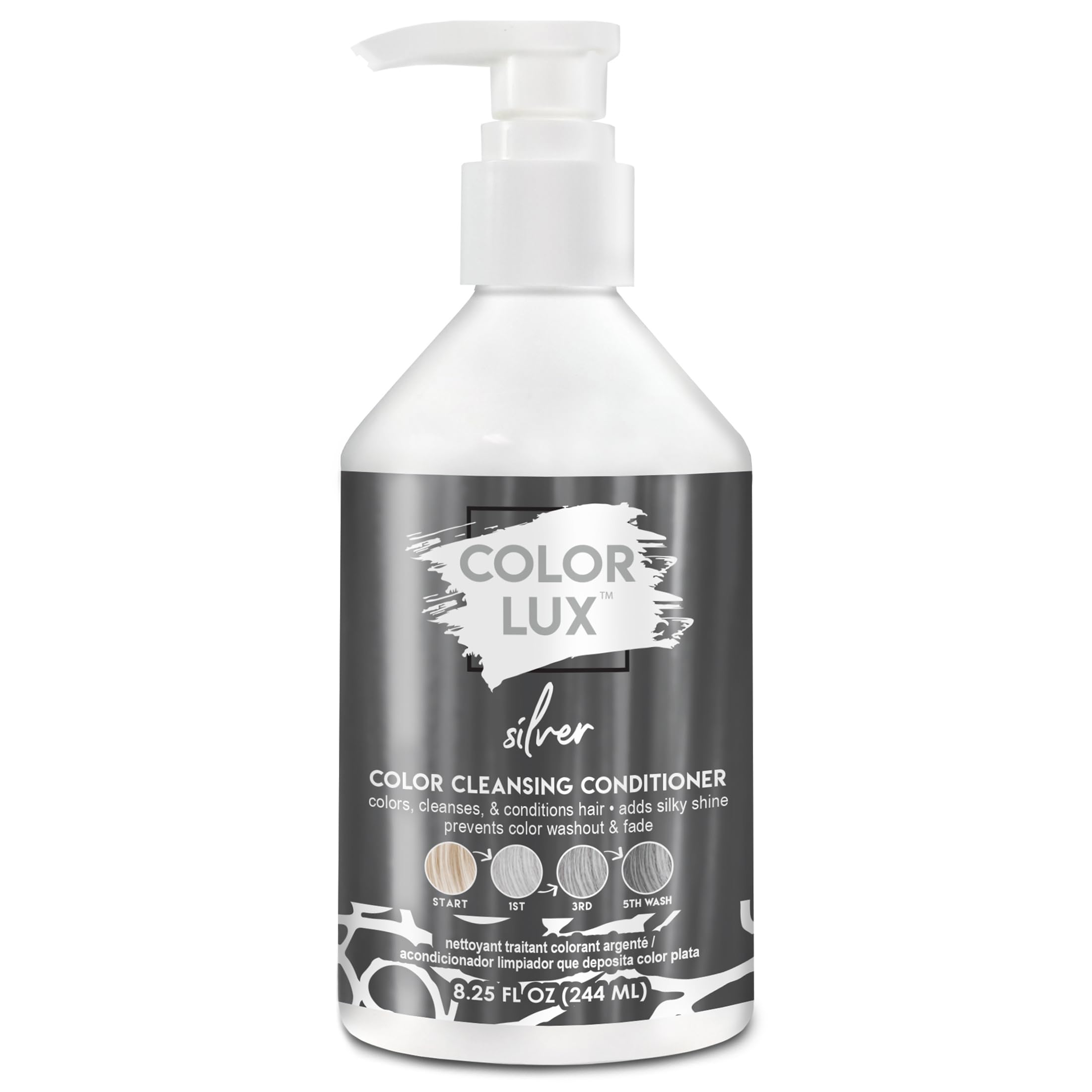 Color Lux silver bottle closeup, showcasing color depositing action for cool tones