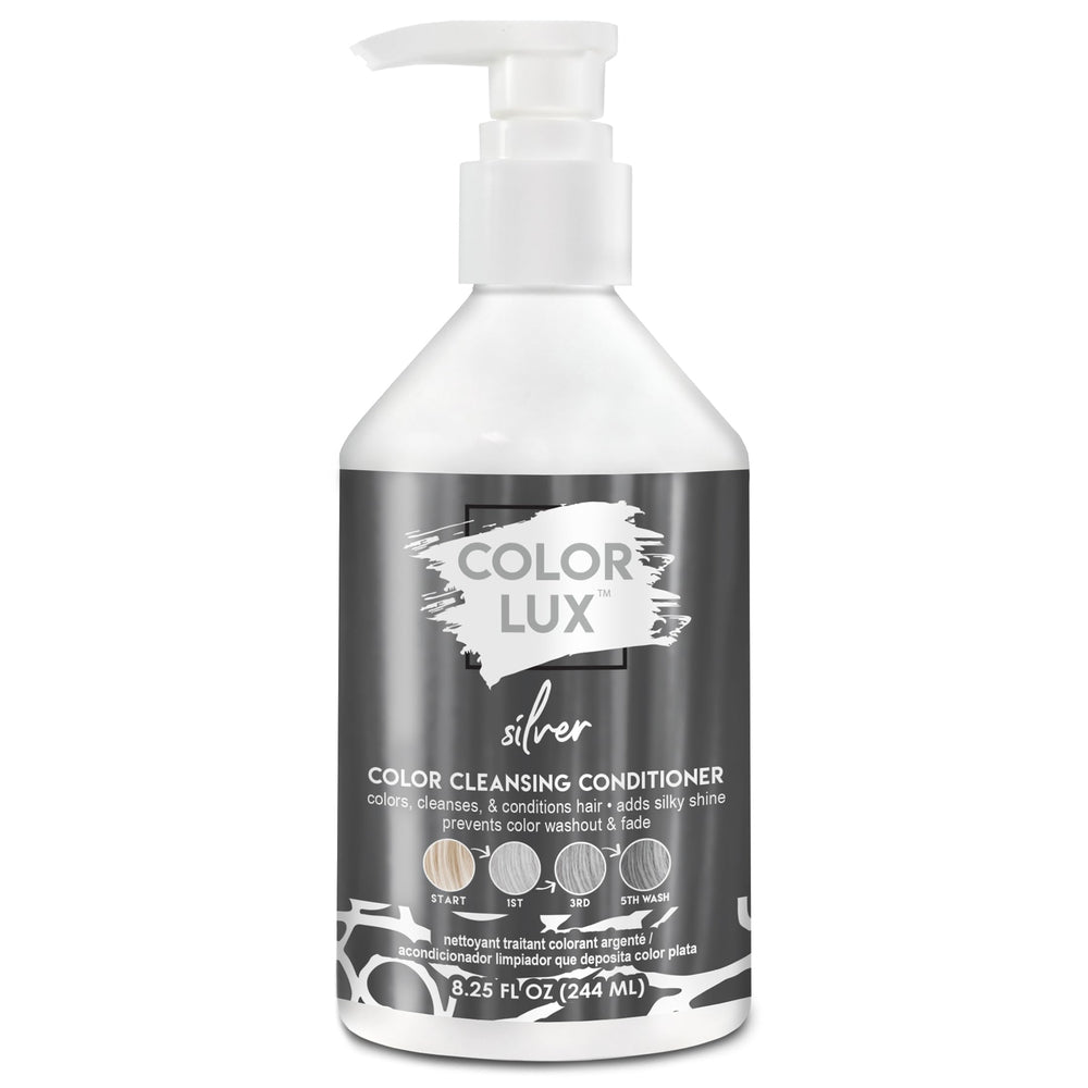 Color Lux silver bottle closeup, showcasing color depositing action for cool tones