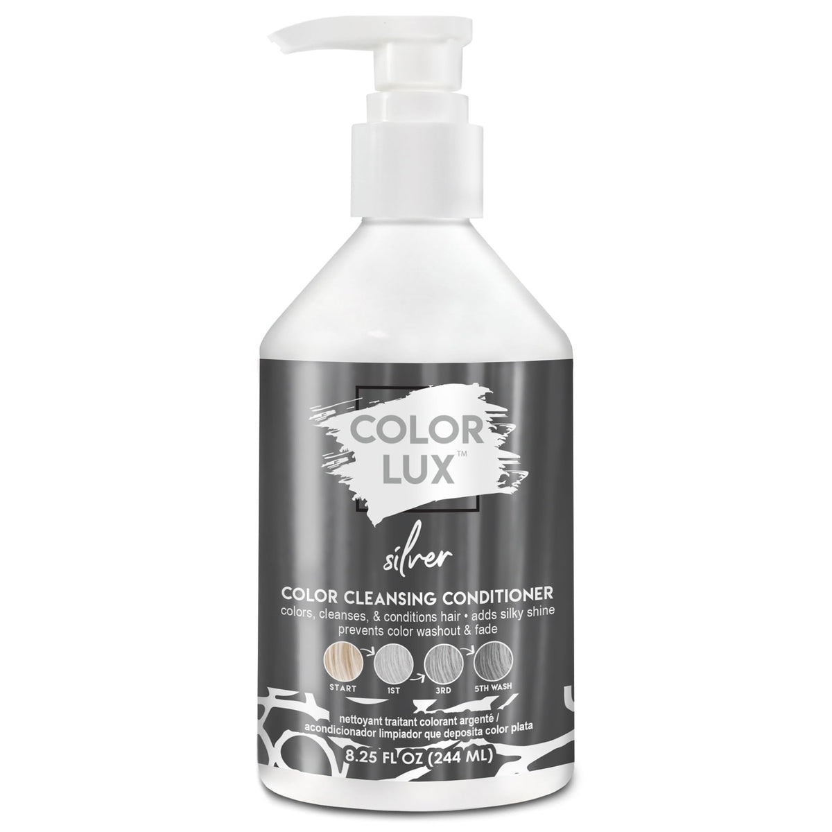 Color Lux silver bottle closeup, showcasing color depositing action for cool tones