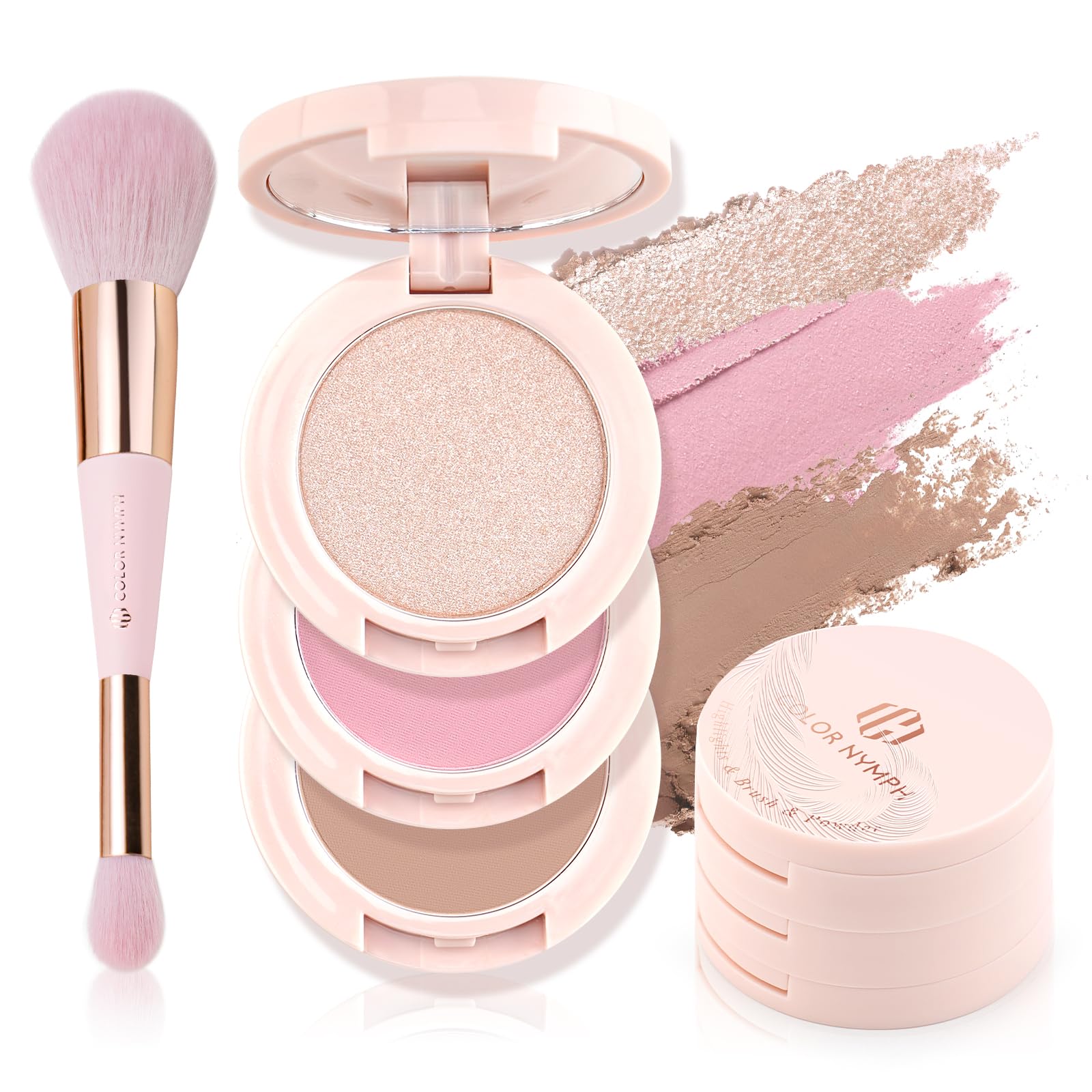 Color Nymph 3-color contour blush highlighter palette in pink for versatile daily looks