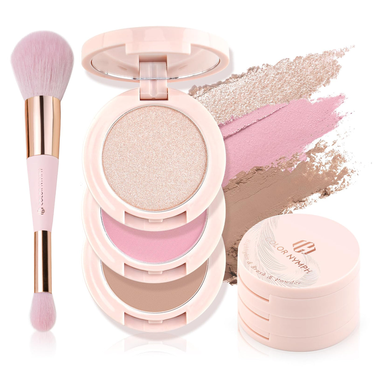 Color Nymph 3-color contour blush highlighter palette in pink for versatile daily looks