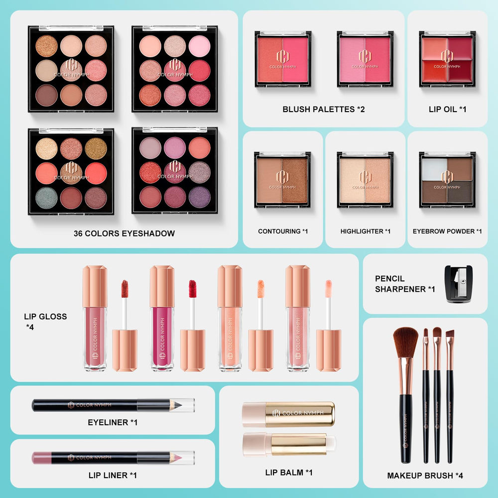 Color Nymph eyeshadow palette set with matte and pearl tones for versatile looks