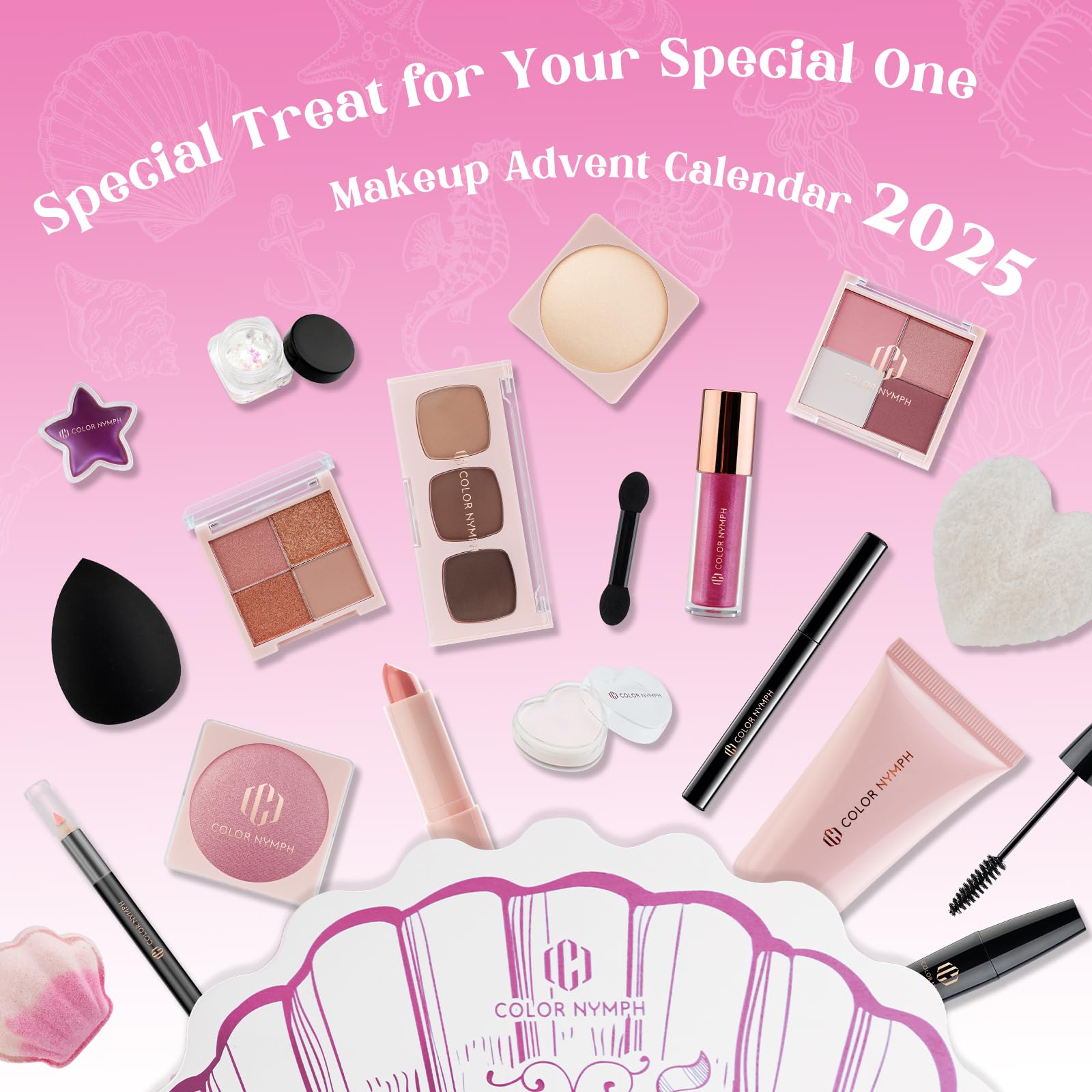 Color Nymph 24 Days makeup set palette visible beside festive packaging.