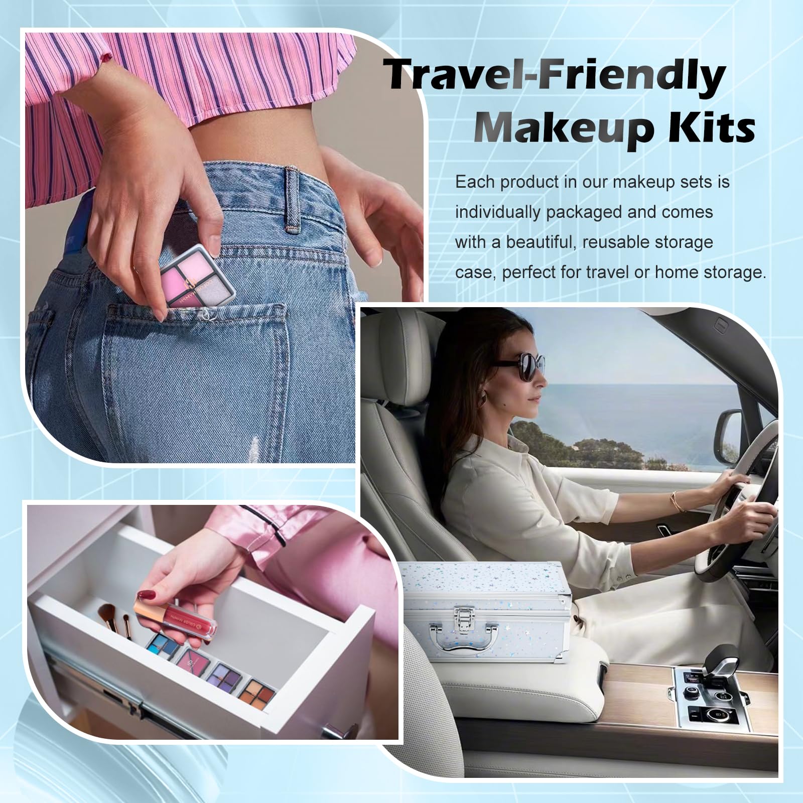 Color Nymph makeup brushes and mirror inside a portable train case