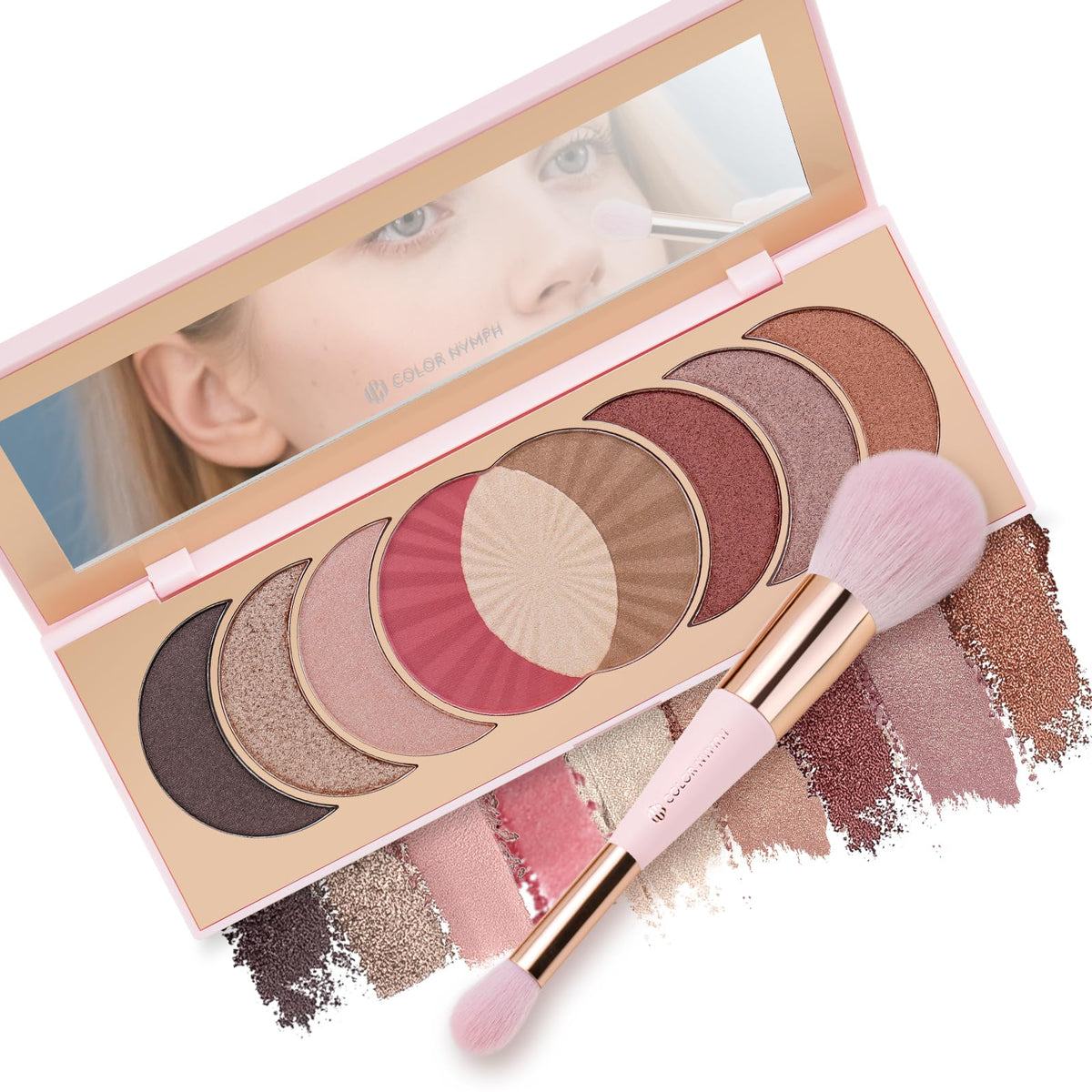 Color Nymph Naked Eyeshadow Palette with rose-gold packaging for versatile day-to-night looks.