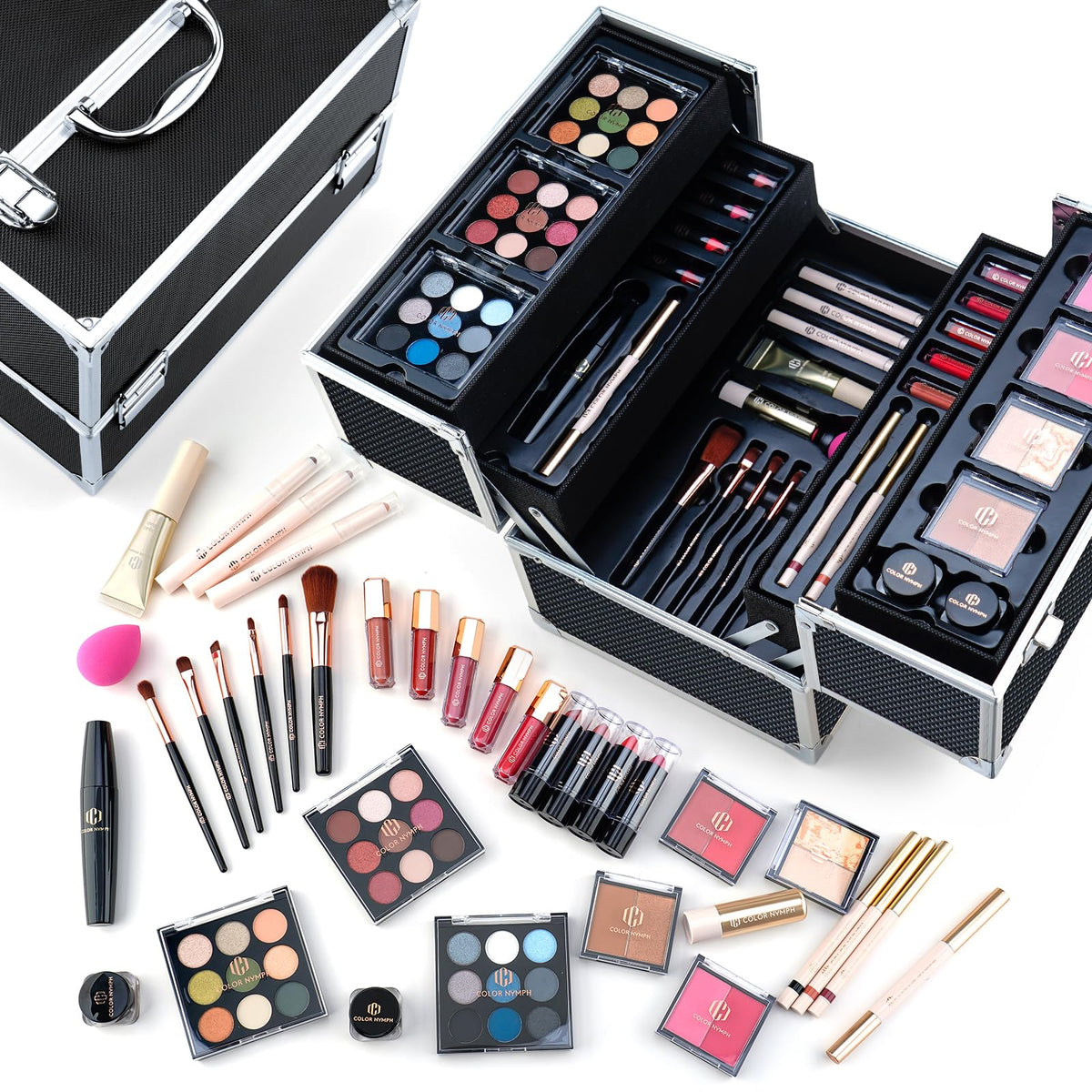 Color Nymph train case open with organized makeup tools for easy daily prep