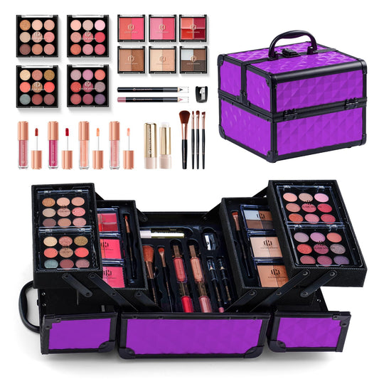 Color Nymph train case open with organized makeup trays for on-the-go use