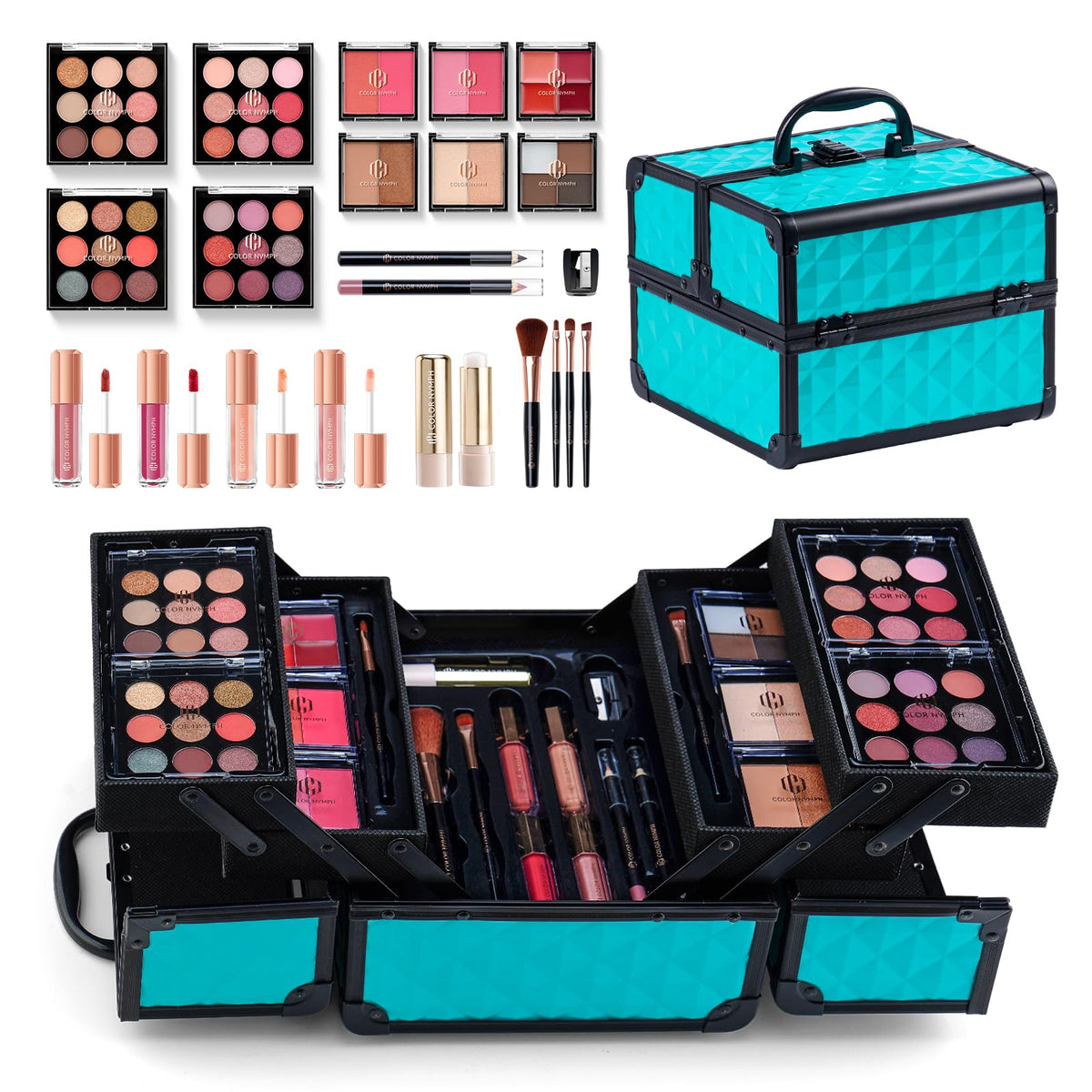 Color Nymph train-case packaging keeps cosmetics secure during travel