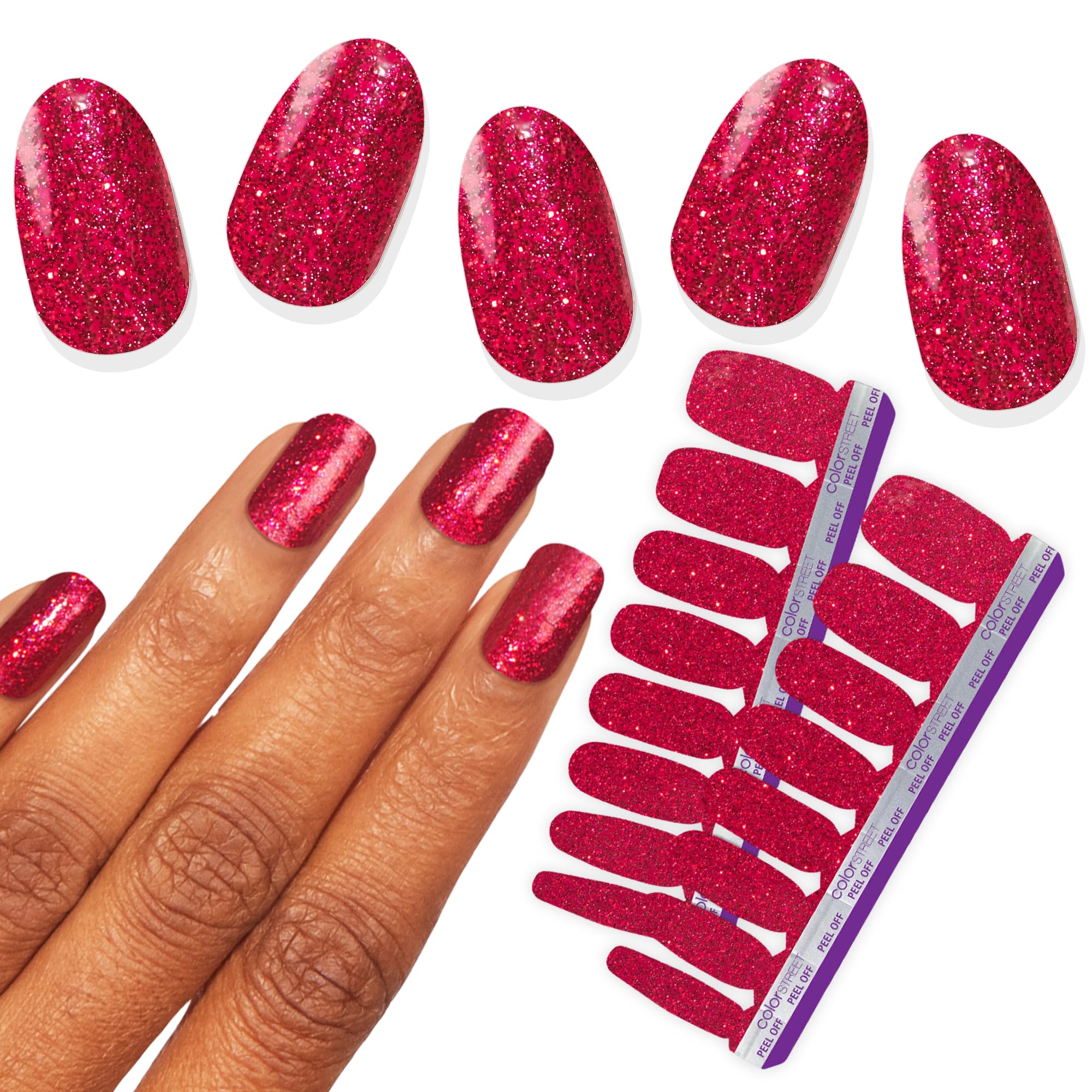 Color Street Cherry on Top nail strips in ruby red glitter for a bold manicure