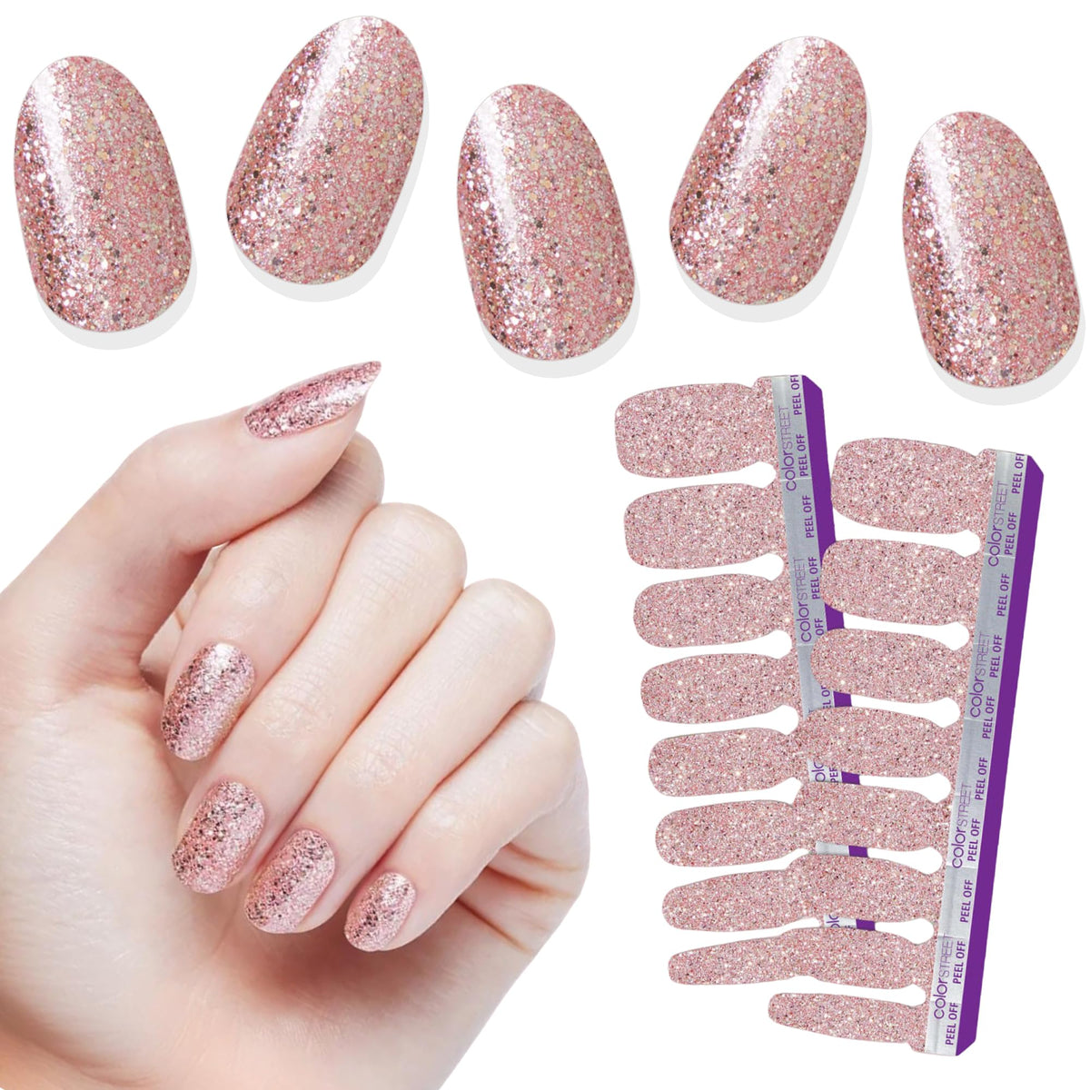 Color Street Social Butterfly rose gold glitter swatch for instant glam