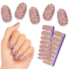 Color Street Tokyo Lights nail strips pack view, pink gold glitter for a chic evening look.