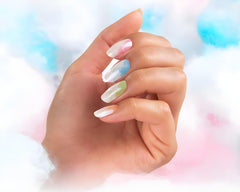 Color Street Under the Clouds strip swatch on nail showing shimmer finish.
