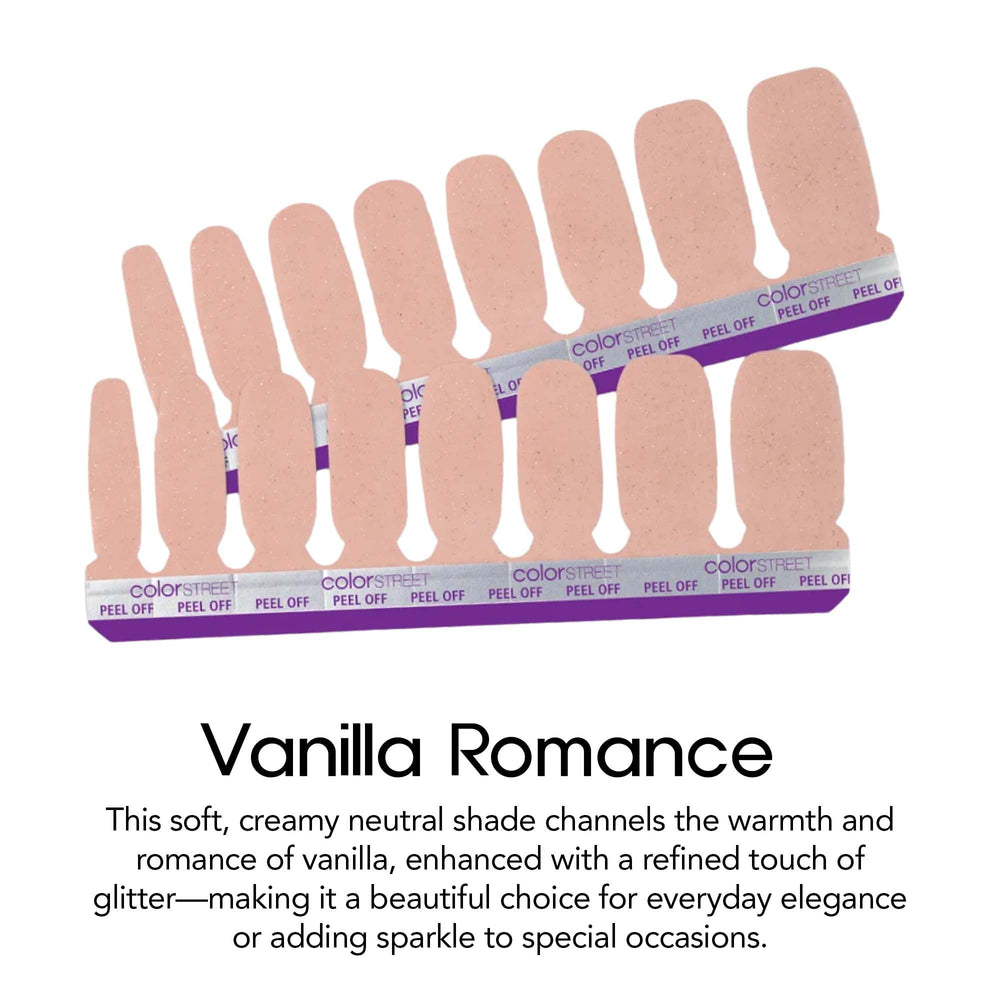 Color Street Vanilla Romance glitter nail strip on nail shows quick, smudge-free manicure.
