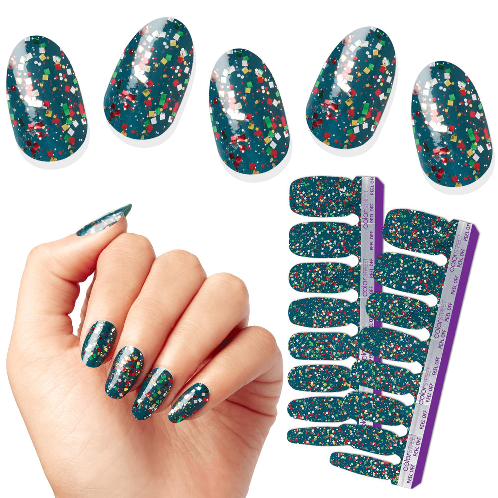 Color Street Yule Love It teal confetti bottle pour showing festive sparkle