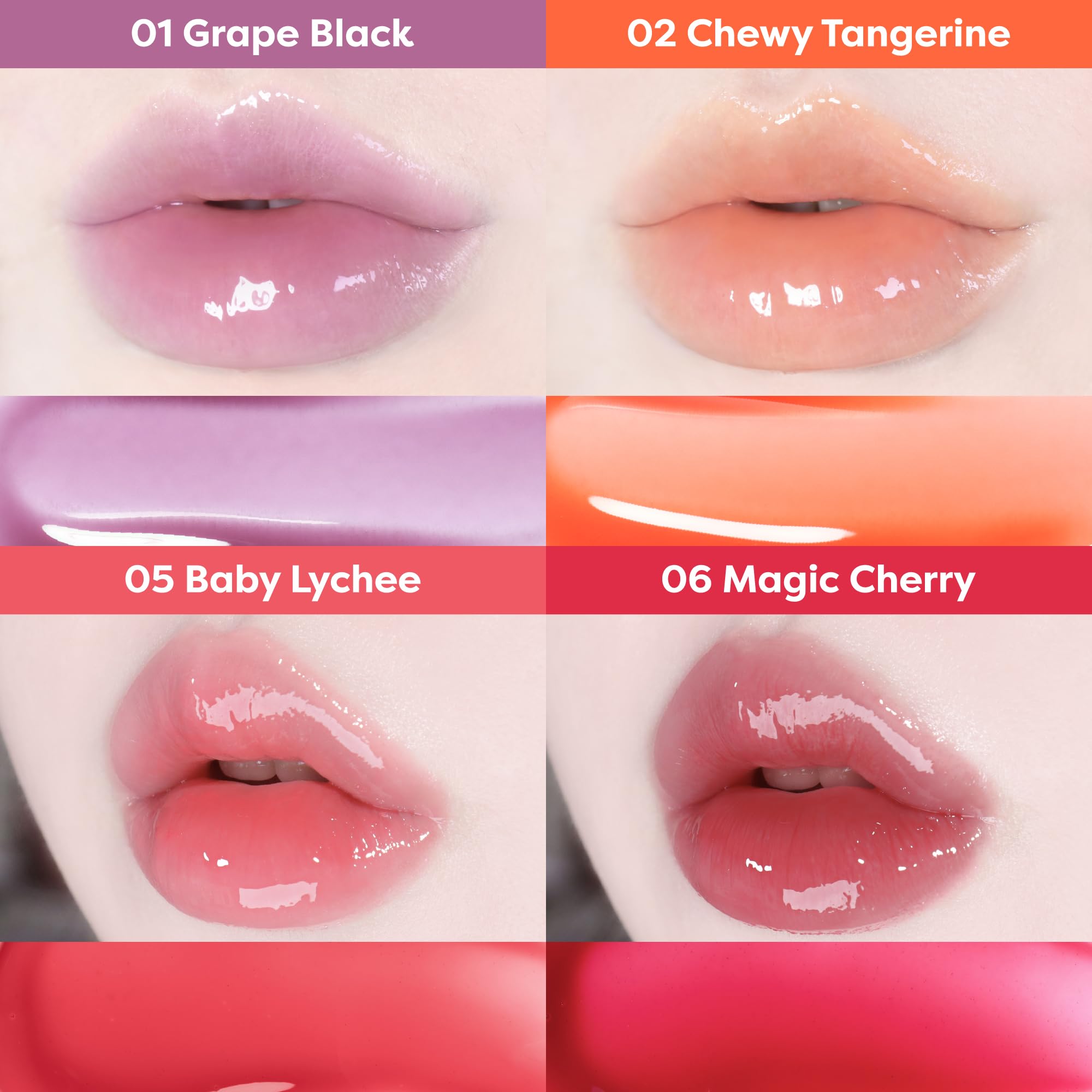 COLORGRAM Fruity Glass Gloss 01 Grape Black on lips adds a juicy, reflective glow.