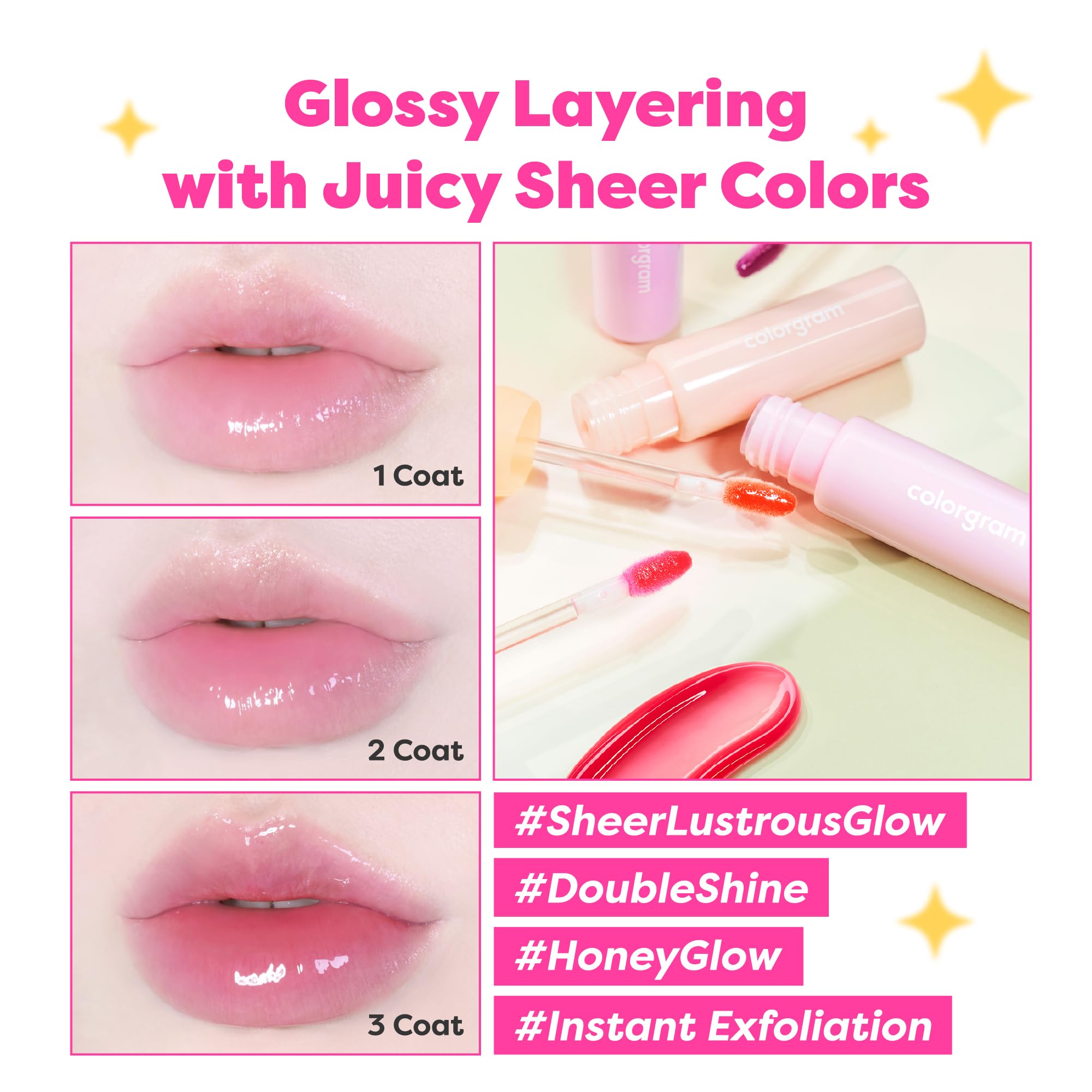 COLORGRAM Fruity Glass Gloss 01 Grape Black swatches show shade payoff and shine.