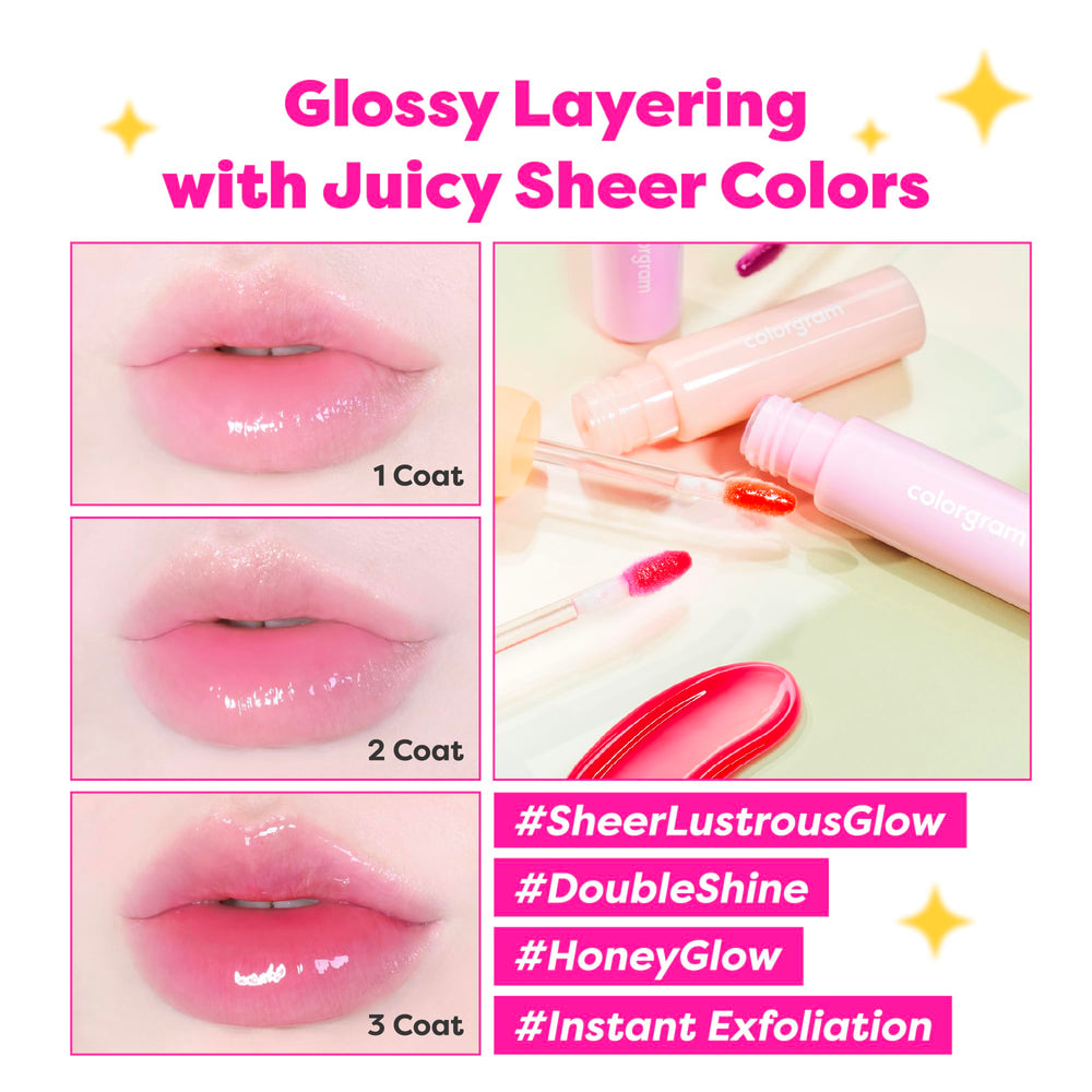 COLORGRAM Fruity Glass Gloss 01 Grape Black swatches show shade payoff and shine.