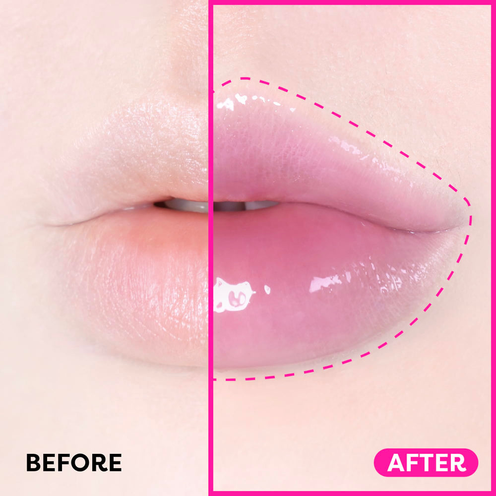 COLORGRAM Fruity Glass Gloss swatches show vibrant Baby Lychee color on skin.