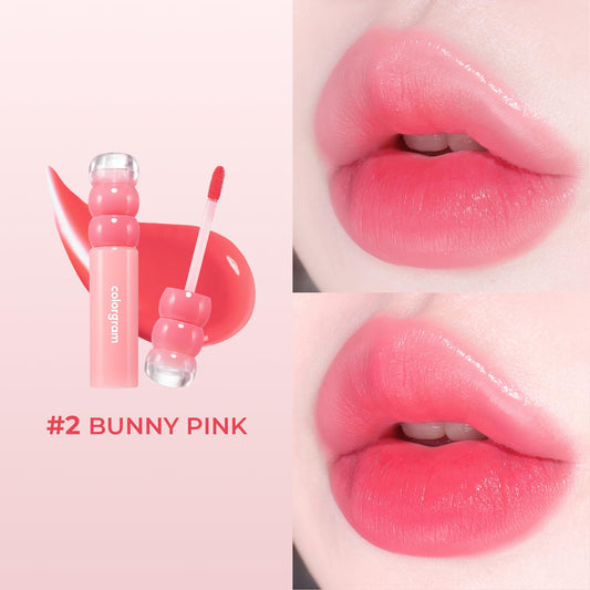 COLORGRAM Fruity Water Tint 02 Bunny Pink swirl texture shows watercolor finish and sheer color.