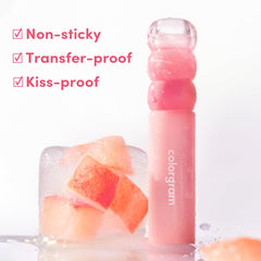 COLORGRAM Fruity Water Tint 02 Bunny Pink wet-look lip finish on lips.