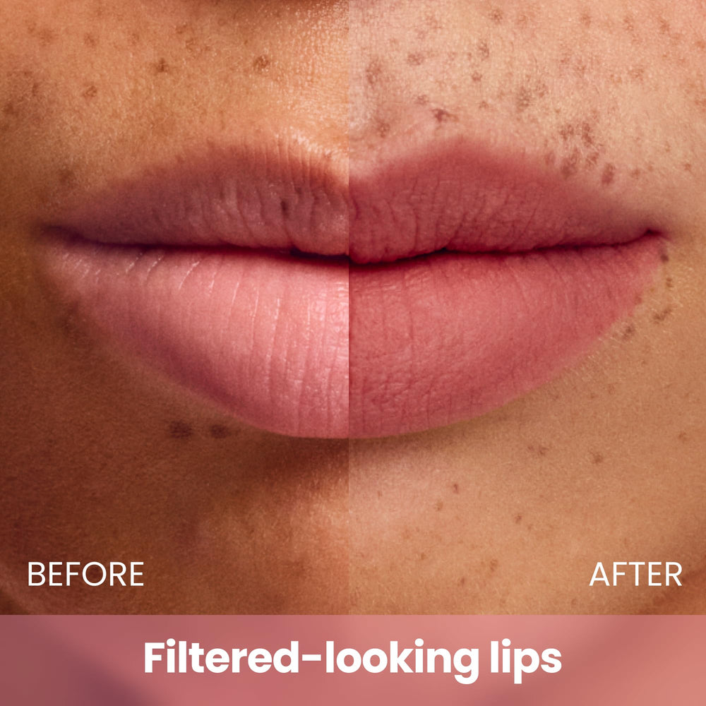 COLORGRAM Soft Velvet Matte finish on lips for a smooth, airbrushed look.