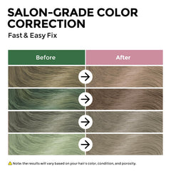 COLORLOMO Bye Bye Green before-after demonstrates natural-looking blonde results after one wash.