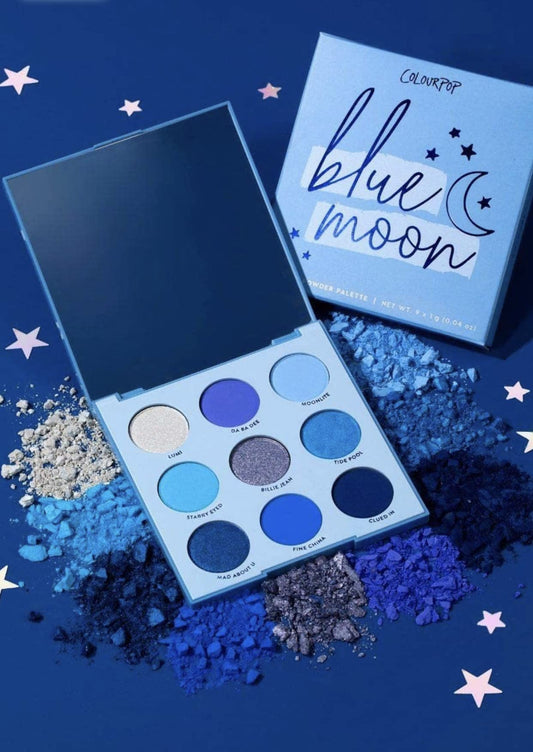 ColourPop Blue Moon swatches show 5 mattes and 4 metallics for versatile finishes.