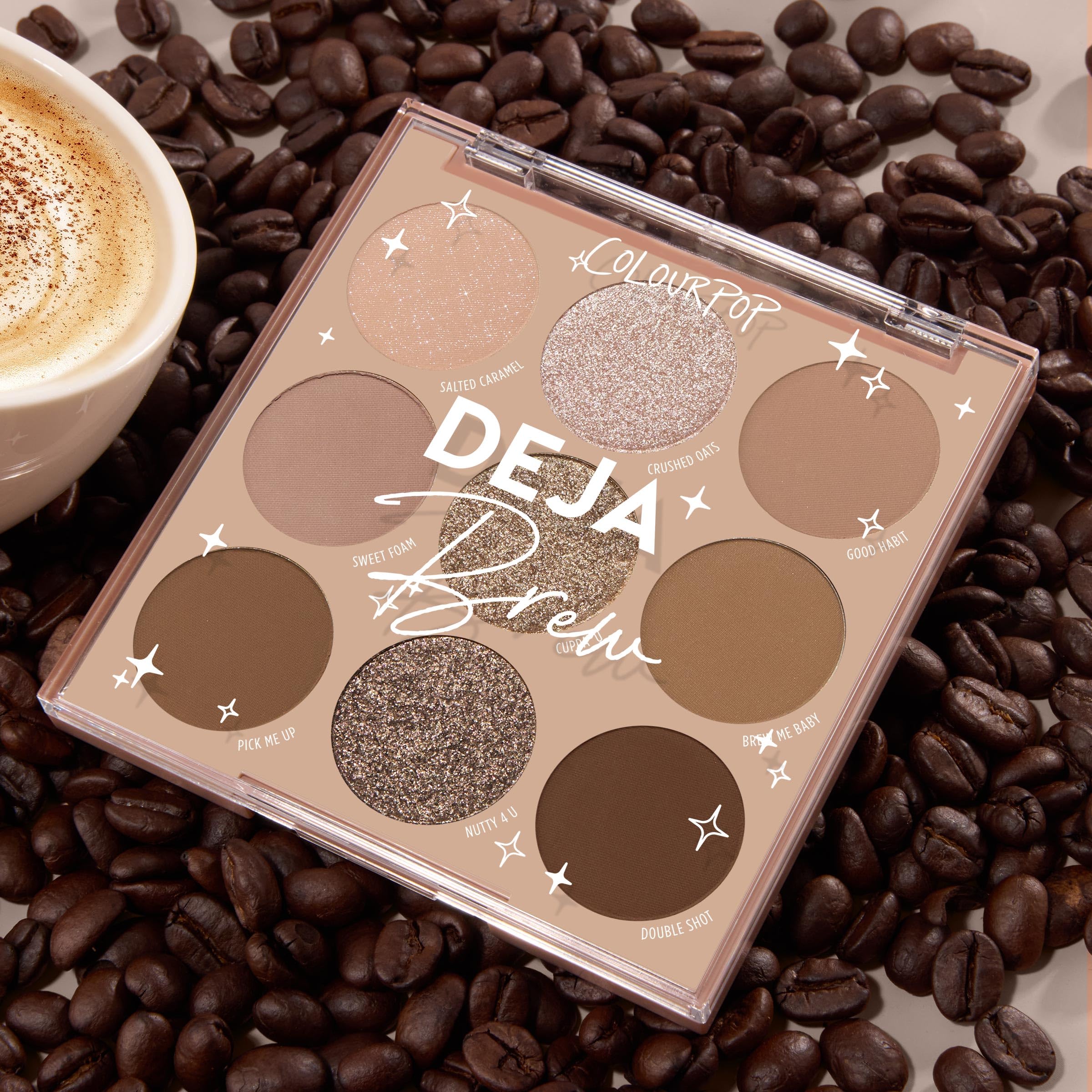 ColourPop Deja Brew packaging flat lay showcasing convenient storage.