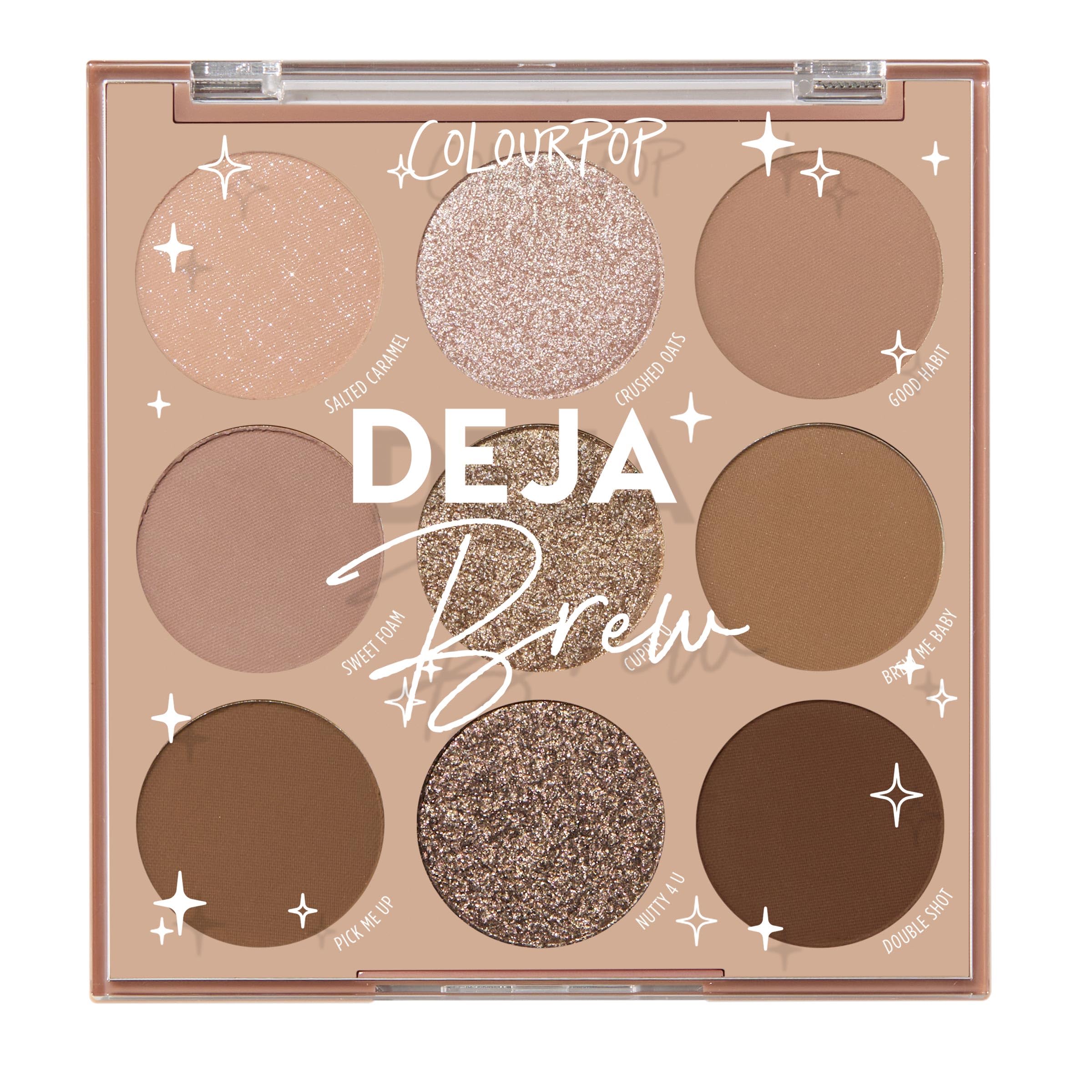 ColourPop Deja Brew palette front cover, compact design for on-the-go makeup.