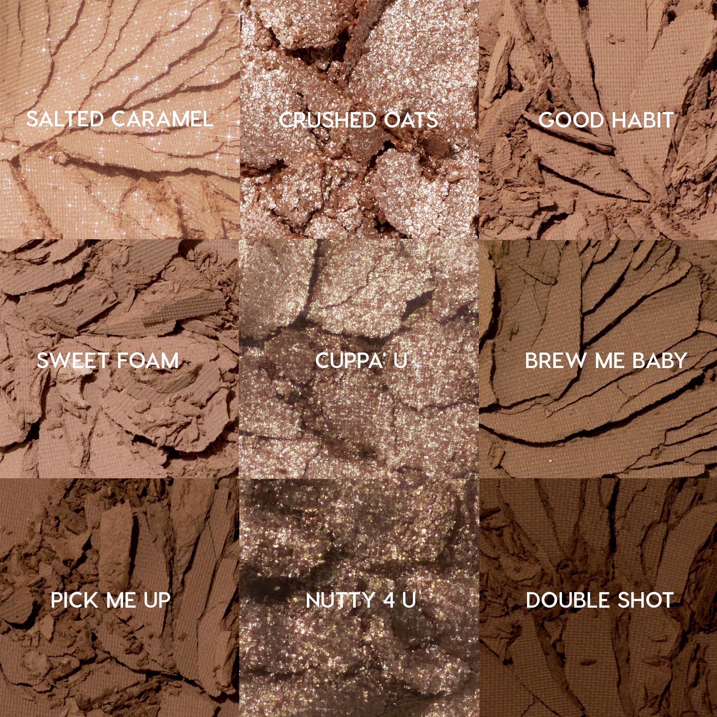 ColourPop Deja Brew opened swatches closeup, nine cool-toned nude shades.