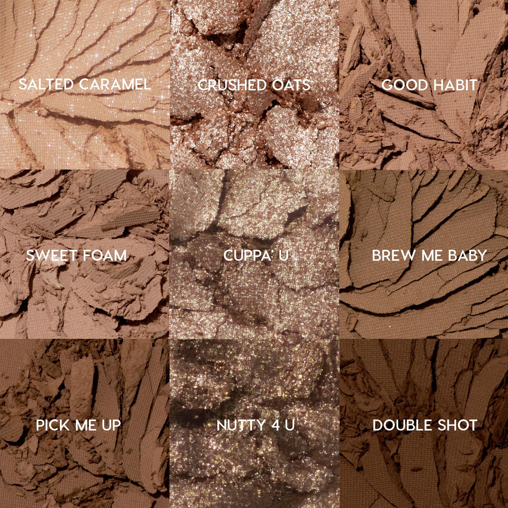 ColourPop Deja Brew opened swatches closeup, nine cool-toned nude shades.