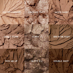 ColourPop Deja Brew opened swatches closeup, nine cool-toned nude shades.