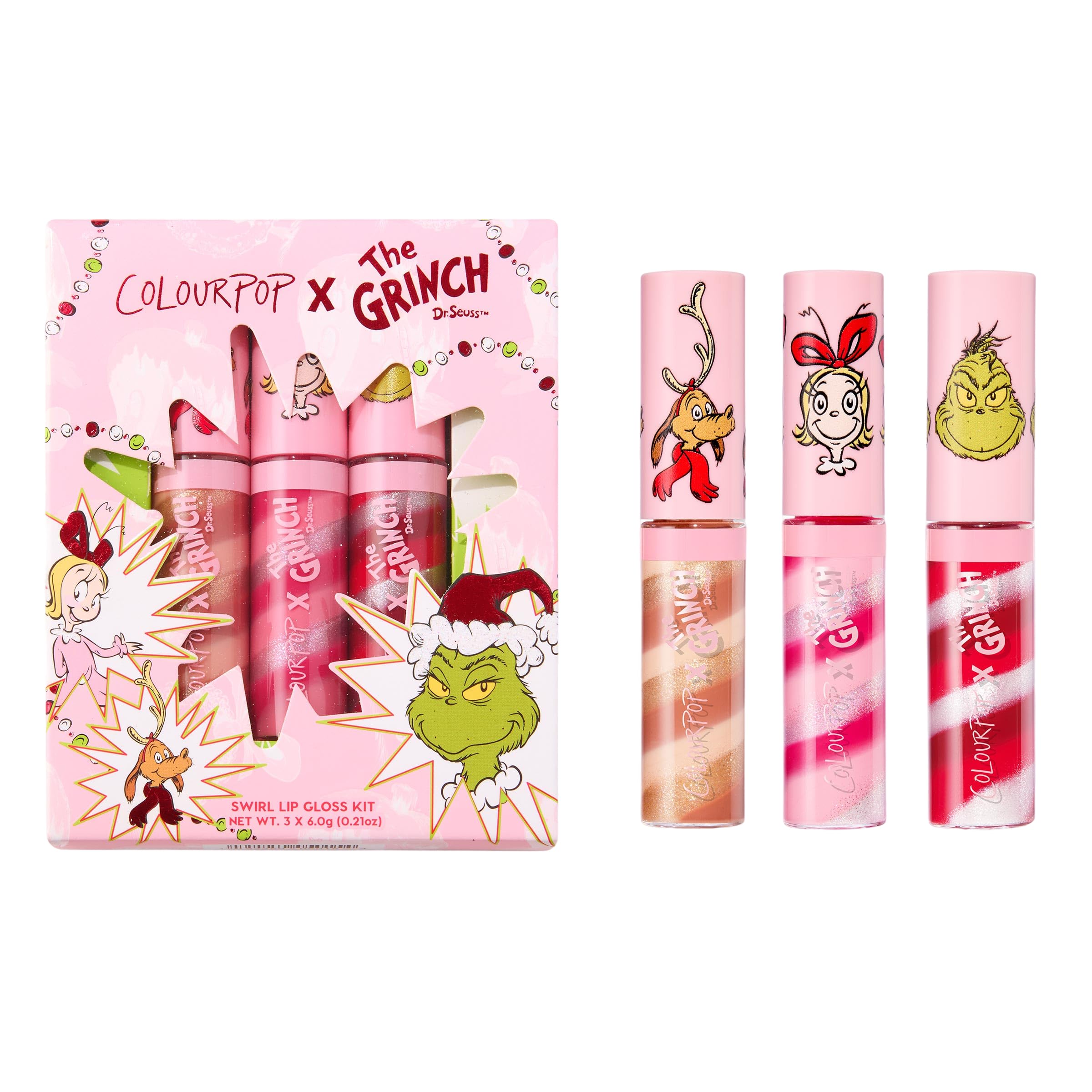 ColourPop Grinchmas Swirl Lip Gloss Trio packaging close-up showing glossy finish and holiday vibe.
