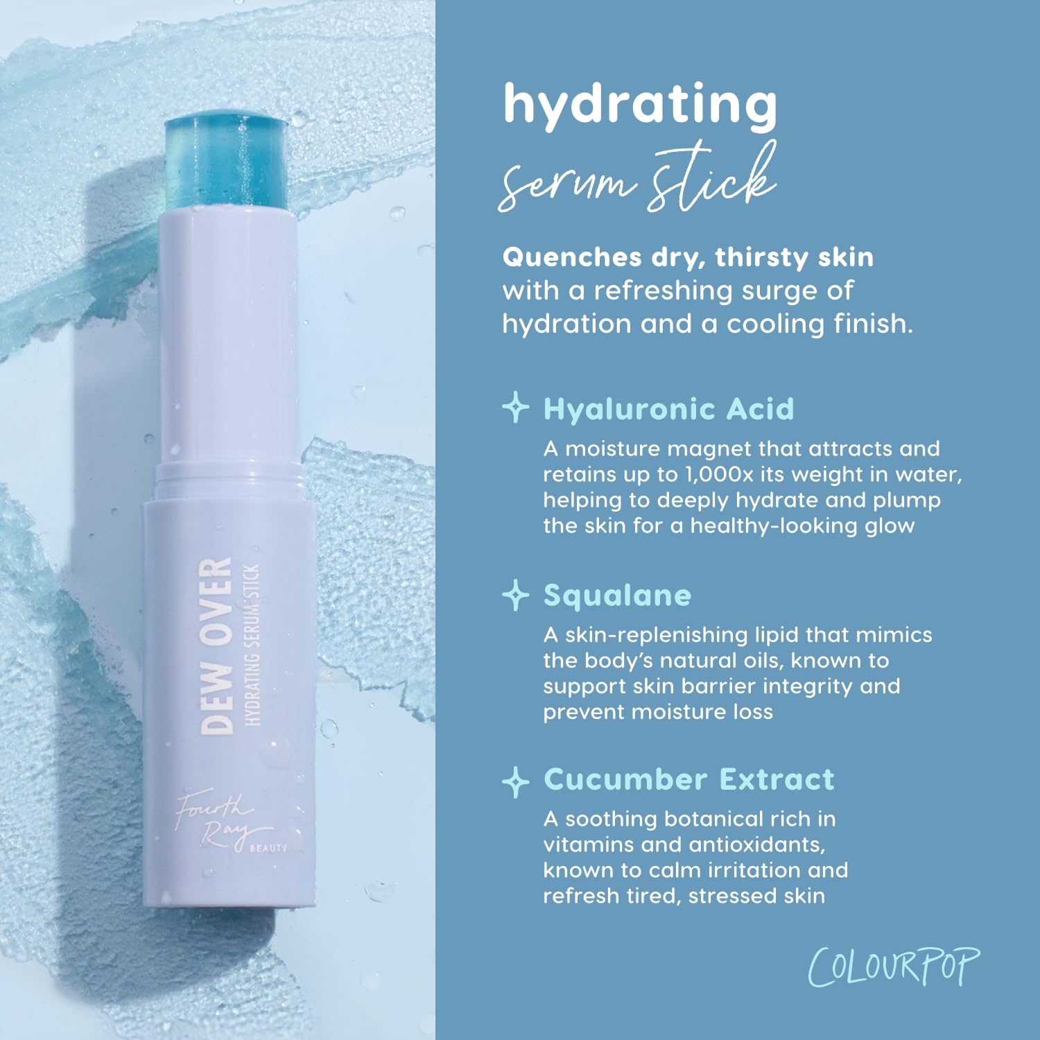 ColourPop Hyaluronic Acid Serum Stick texture close-up—lightweight, fast-absorbing
