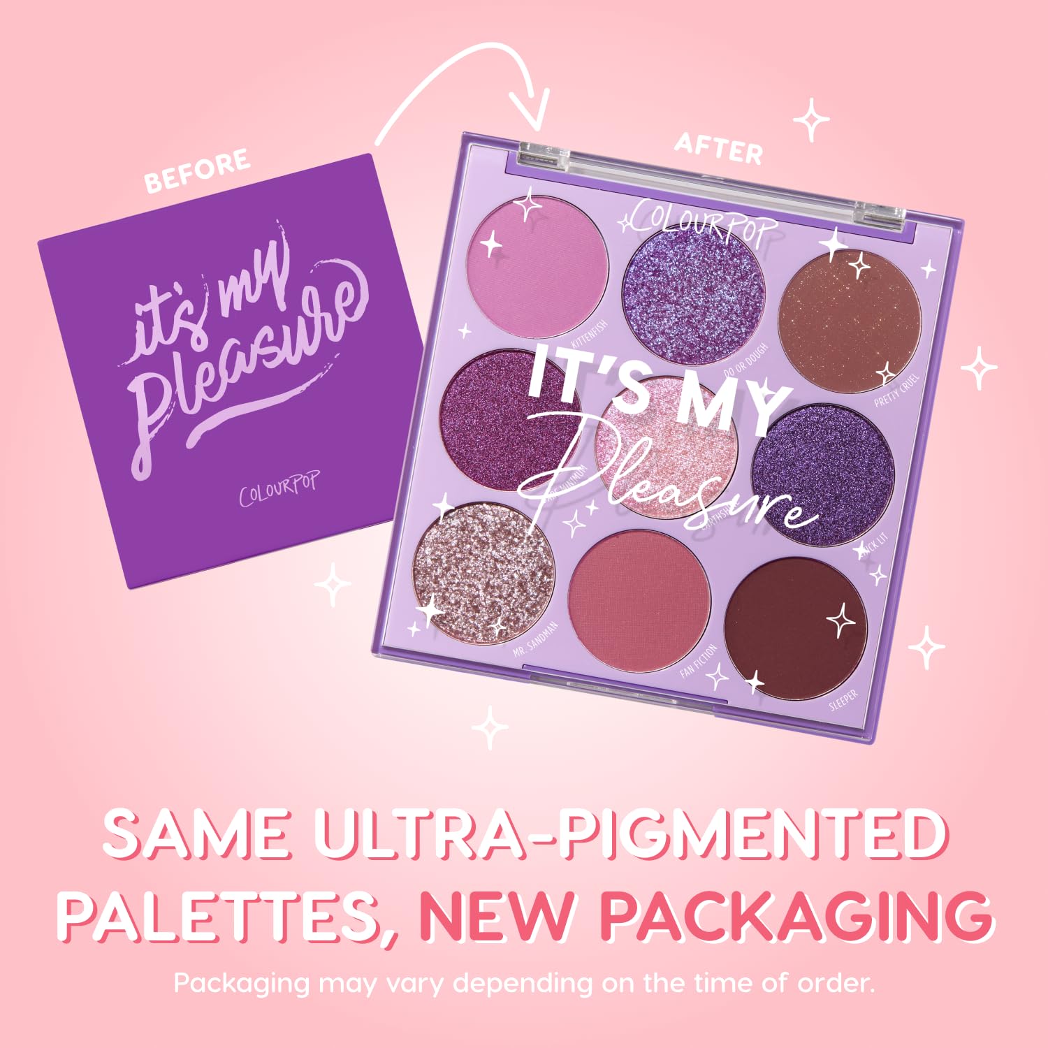ColourPop It's My Pleasure palette swatches highlight pigment-rich matte and metallic shades.