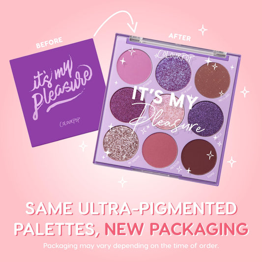 ColourPop It's My Pleasure palette swatches highlight pigment-rich matte and metallic shades.