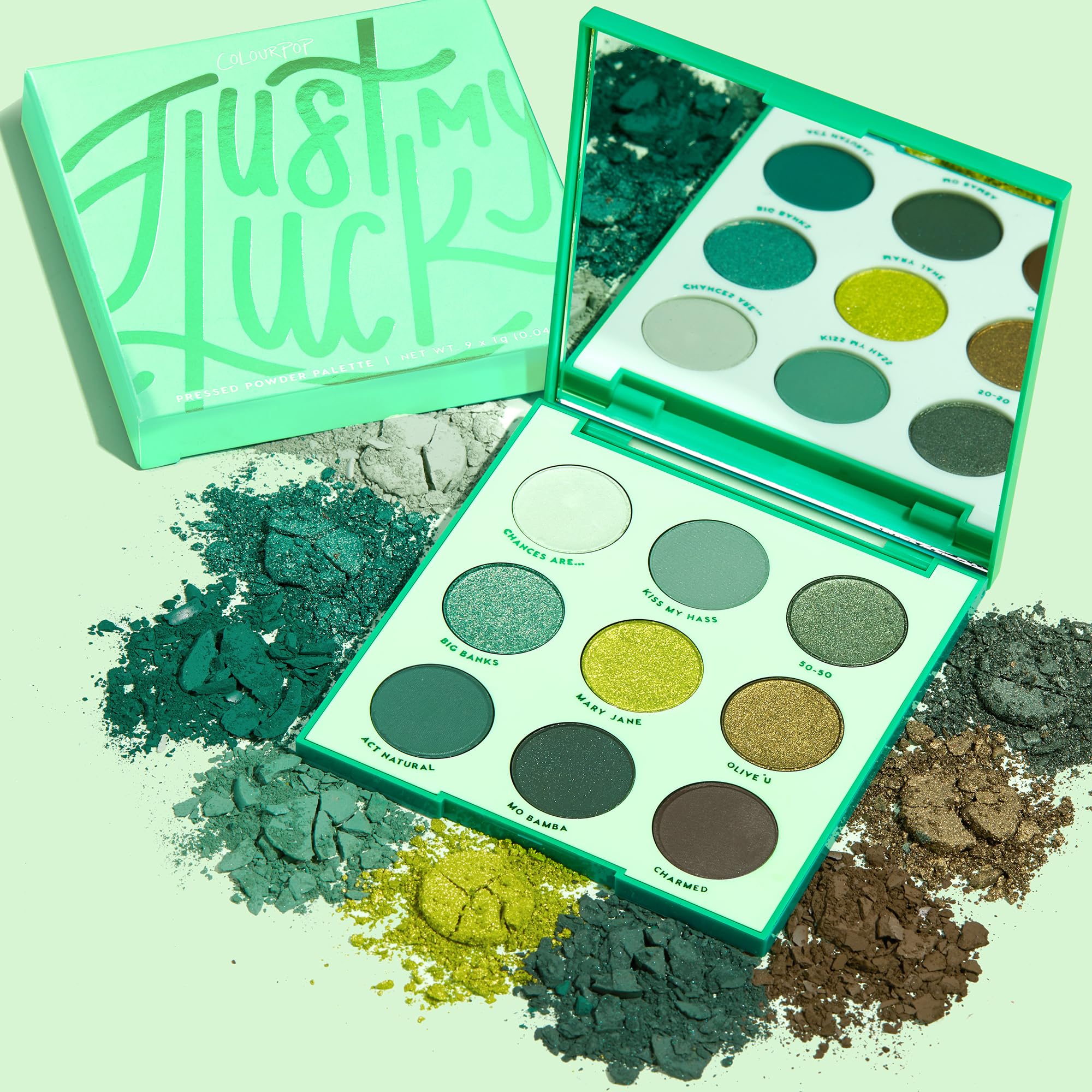 ColourPop Just My Luck green shades close-up highlight emerald tones on lids.